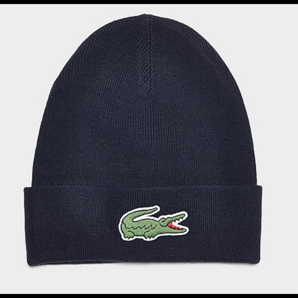 NWT Lacoste Big Croc Men’s Wool Blend Knit Beanie Hat Cap | RB1081 | Navy Blue